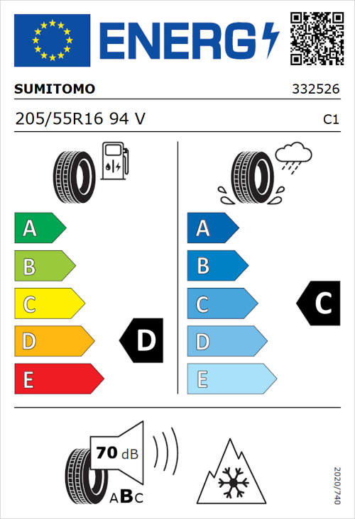 Tyre Label for Sumitomo WT200 205/55R16 94V