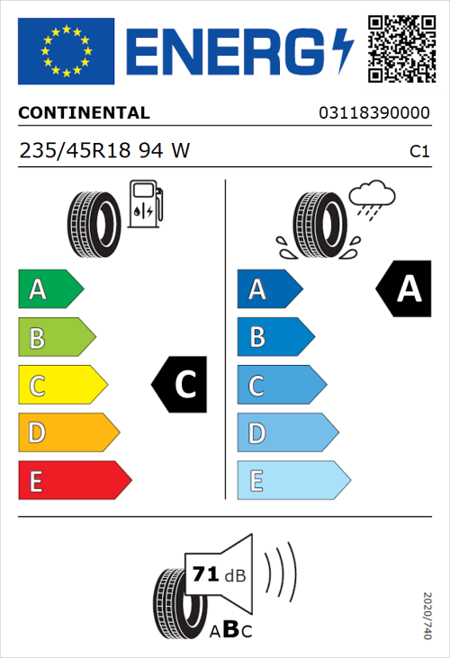 Tyre Label for Continental ContiSportContact 5 235/45R18 94W