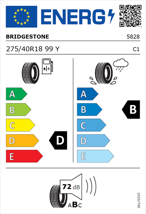 Tyre Label for Bridgestone Turanza ER300 275/40R18 99Y